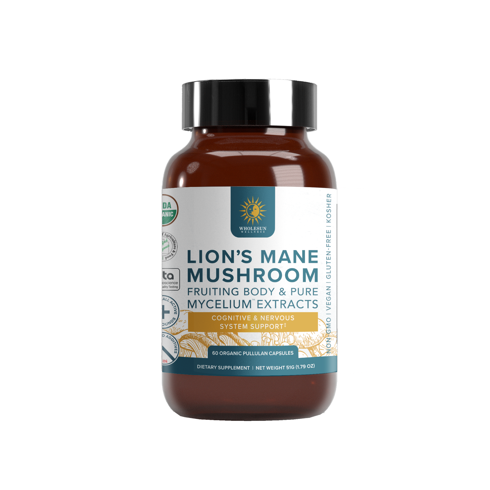 Lion's Mane Certified Organic Mushroom Extract Capsules - WholeSun Wellness